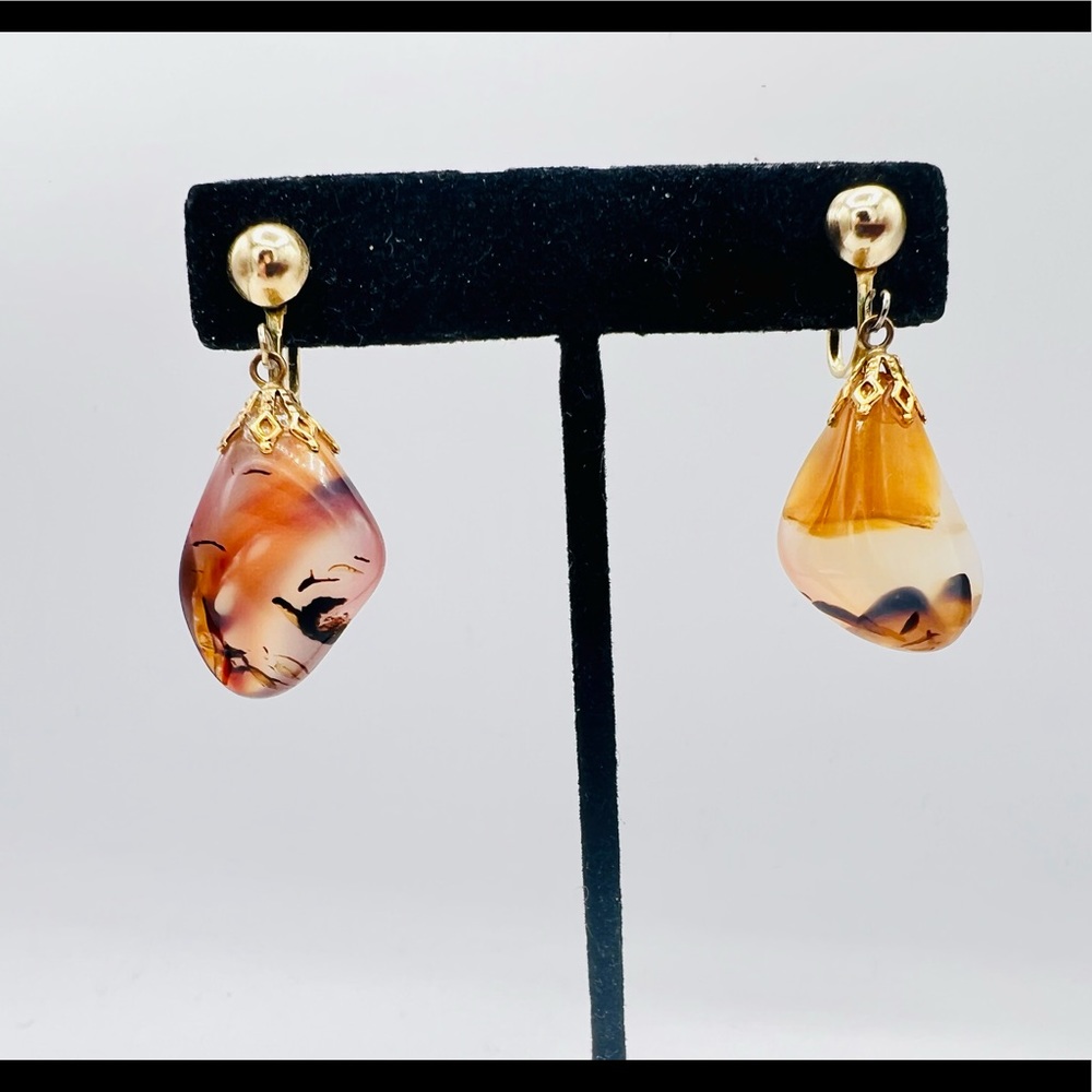 Vintage handcrafted polished gemstone clip on earrings dangles orange
